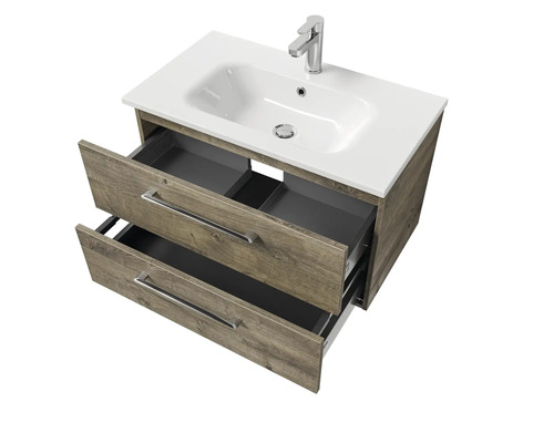 Waschtischunterschrank mit zwei offenen Schubladen und Keramikwaschbecken