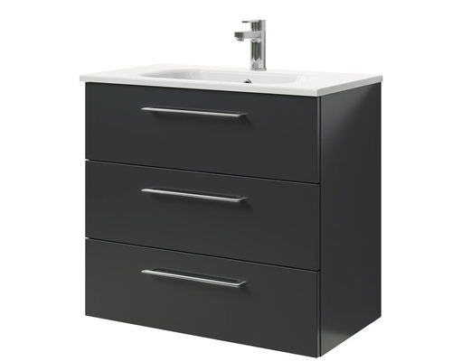 Meuble sous-lavabo avec trois tiroirs, lavabo en céramique et robinet