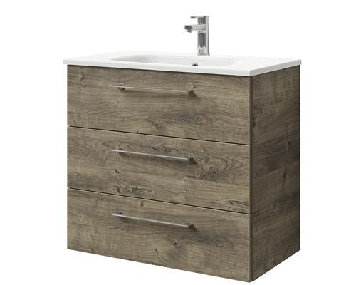 Meuble sous-lavabo avec trois tiroirs, décor bois et lavabo à poser