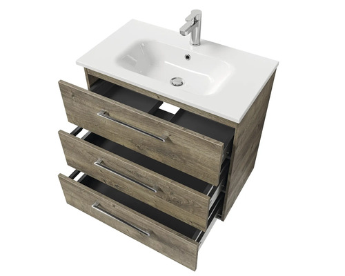 Meuble sous-lavabo avec trois tiroirs, lavabo et robinet