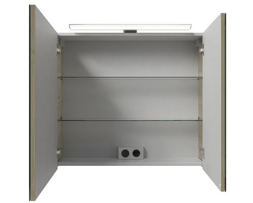 Armoire de toilette ouverte avec éclairage et étagères en verre