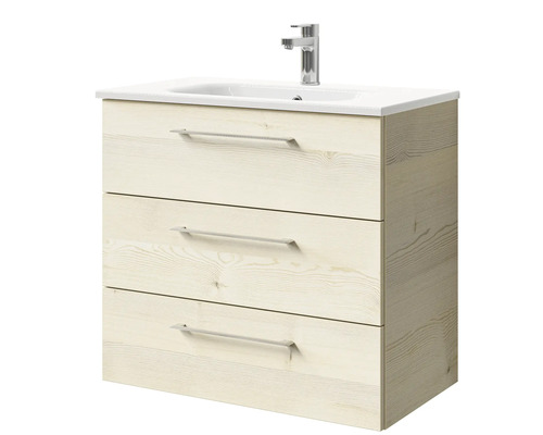 Meuble sous-lavabo avec trois tiroirs, robinetterie et lavabo