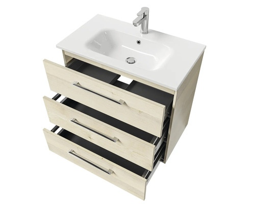 Meuble sous-lavabo avec trois tiroirs, lavabo et robinet