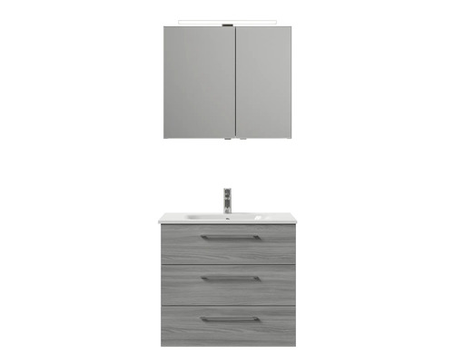 Meuble-lavabo avec trois tiroirs, lavabo et armoire de toilette avec éclairage