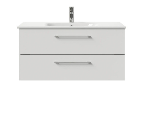 Meuble sous-lavabo avec deux tiroirs et lavabo à poser ainsi que robinetterie