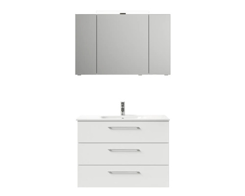 Waschtischunterschrank mit drei Schubladen, Waschbecken und Spiegelschrank mit Beleuchtung