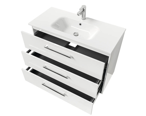 Waschtischunterschrank mit drei Schubladen, Waschbecken und Armatur