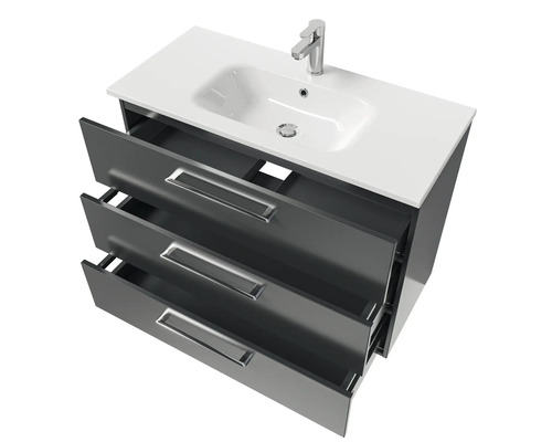 Waschtischunterschrank mit drei offenen Schubladen, Waschbecken und Armatur