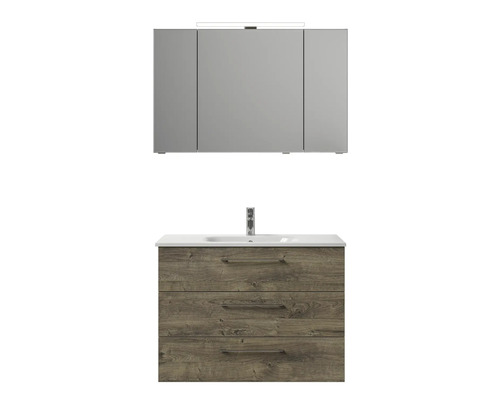 Ensemble de meubles de salle de bains avec armoire de toilette, meuble sous-vasque avec trois tiroirs et vasque à poser