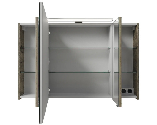Armoire de toilette ouverte avec étagères en verre