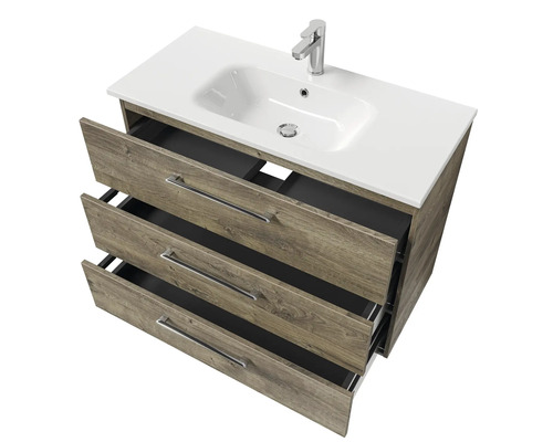 Meuble sous-lavabo avec trois tiroirs, lavabo et robinet