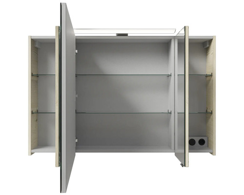 Offener Spiegelschrank mit Glasablagen und Beleuchtung