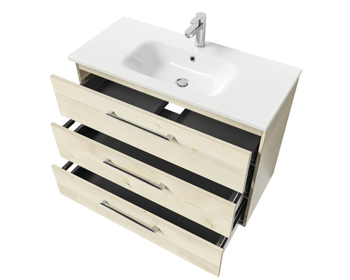 Waschtischunterschrank mit drei Schubladen und Aufsatzwaschbecken