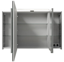 Armoire de toilette avec portes ouvertes et étagères en verre