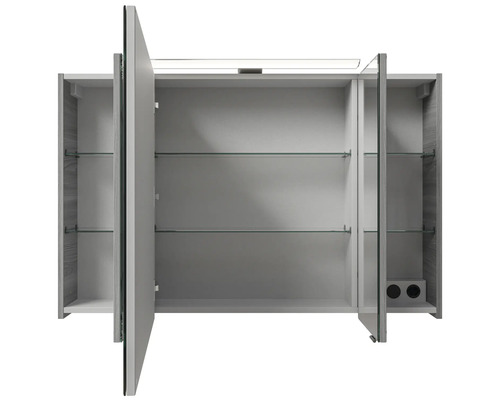 Armoire de toilette avec portes ouvertes et étagères en verre