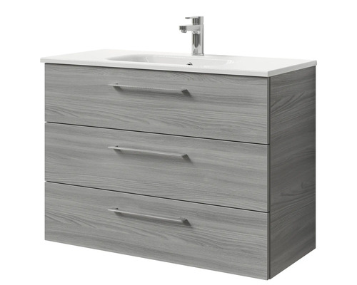 Meuble sous-lavabo avec trois tiroirs, lavabo et robinetterie