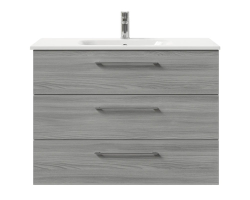 Meuble sous-lavabo avec trois tiroirs, lavabo et robinet