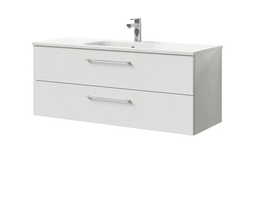 Waschtischunterschrank mit zwei Schubladen und Waschbecken sowie Armatur