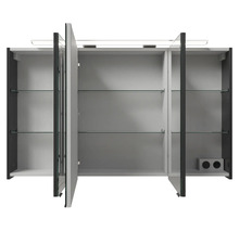 Armoire de toilette ouverte avec étagères en verre et éclairage