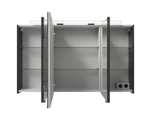 Armoire de toilette ouverte avec étagères en verre et éclairage