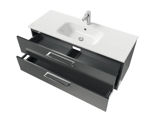 Meuble sous-vasque avec lavabo, deux tiroirs ouverts