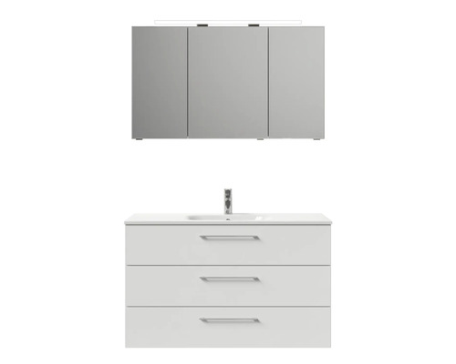 Weisser Waschtischunterschrank mit drei Schubladen, Waschtisch und Spiegelschrank