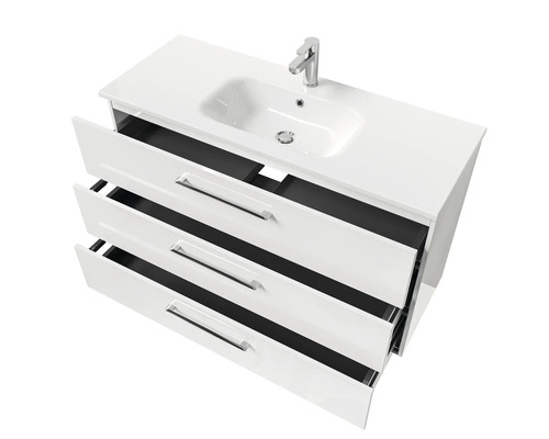 Waschtischunterschrank mit drei Schubladen, Keramikwaschbecken und Armatur