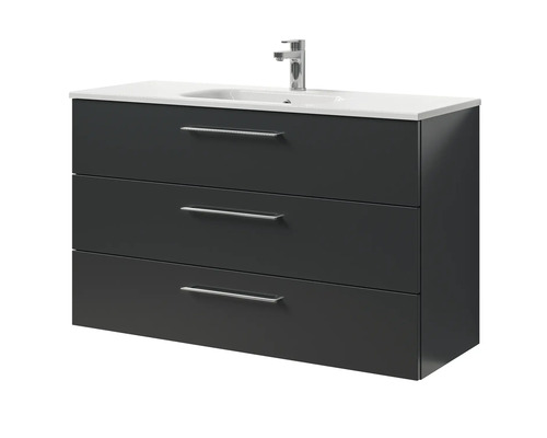 Meuble sous-lavabo avec trois tiroirs, vasque à poser et robinet pour la salle de bain