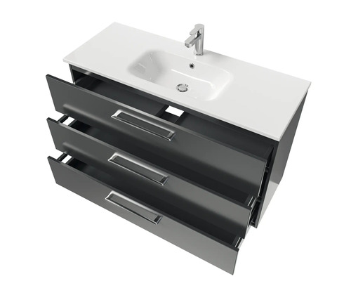 Meuble sous-lavabo avec trois tiroirs, lavabo et robinet