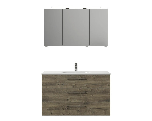 Ensemble de meubles de salle de bains avec armoire de toilette à miroir, meuble sous-vasque à trois tiroirs et plan de toilette