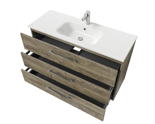 Meuble sous-lavabo avec trois tiroirs, lavabo et robinet