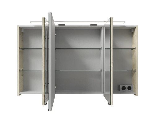 Offener Spiegelschrank mit drei Türen, Glasablagen und Beleuchtung