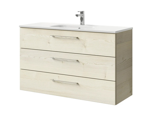 Waschtischunterschrank aus Holz mit drei Schubladen, Keramikwaschbecken und Armatur