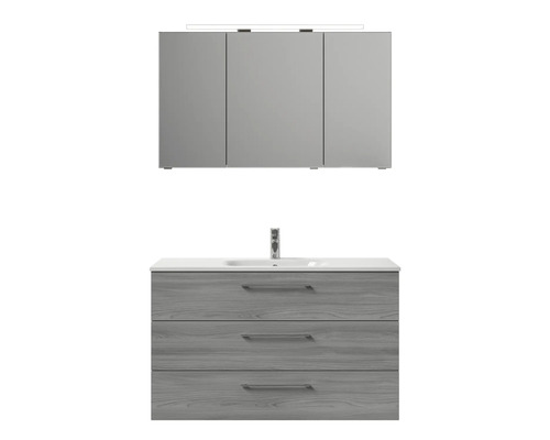 Badmöbelset mit Spiegelschrank, Waschbecken und Unterschrank mit drei Schubladen