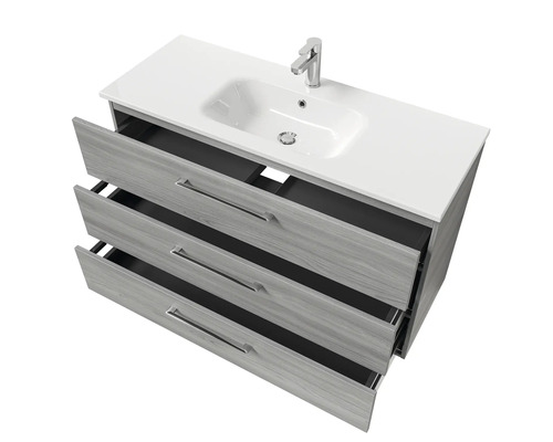 Waschtischunterschrank mit drei Schubladen, Waschbecken und Armatur für das Badezimmer