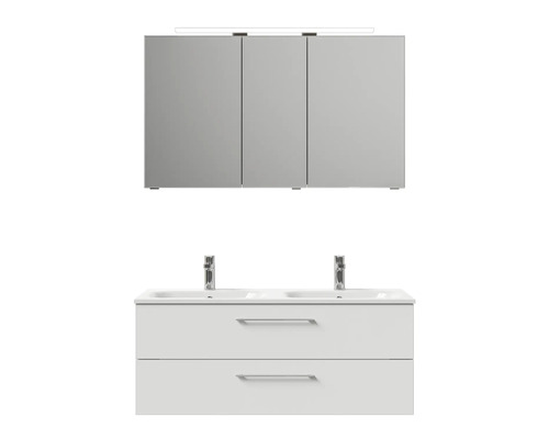 Badezimmermöbelset mit Spiegelschrank, Waschtisch mit zwei Waschbecken und zwei Schubladen