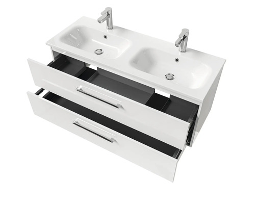 Doppelwaschtisch mit zwei Becken, Armaturen und offenen Schubladen