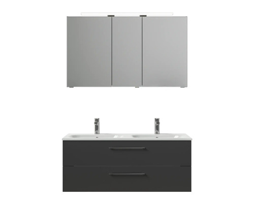 Waschtisch mit zwei Waschbecken, Unterschrank mit zwei Schubladen und Spiegelschrank mit drei Türen.