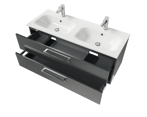 Waschtischunterschrank mit zwei Waschbecken und offenen Schubladen