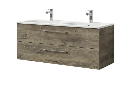 Meuble sous-lavabo avec deux lavabos et deux tiroirs aspect bois