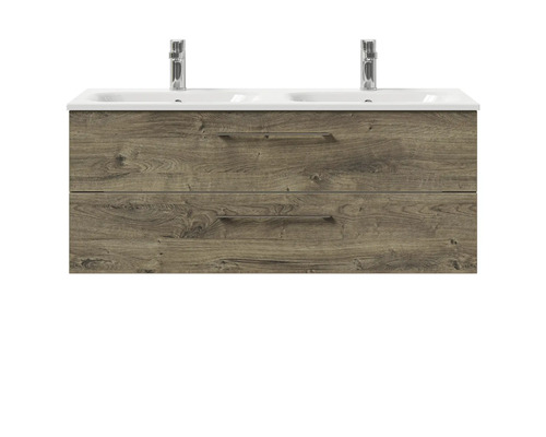 Meuble sous-lavabo avec deux lavabos et deux tiroirs en aspect bois