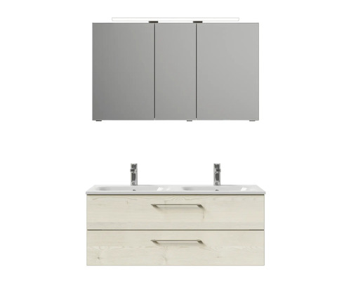 Meuble sous-lavabo avec deux vasques, deux tiroirs et armoire de toilette avec trois portes