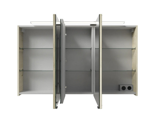 Armoire de toilette ouverte avec étagères en verre et prises