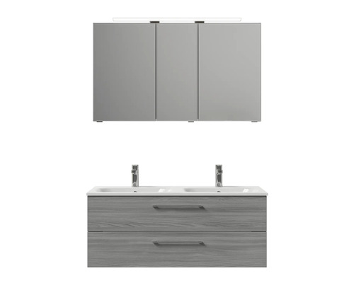 Badezimmermöbelset mit Waschbeckenunterschrank, zwei Waschbecken und Spiegelschrank