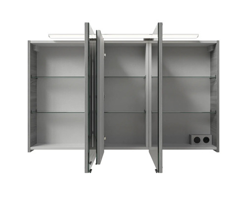 Offener Spiegelschrank mit Glasböden und Beleuchtung