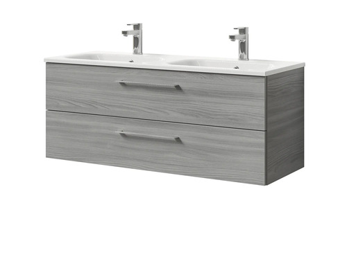 Waschtischunterschrank mit zwei Waschbecken und zwei Schubladen in Holzoptik