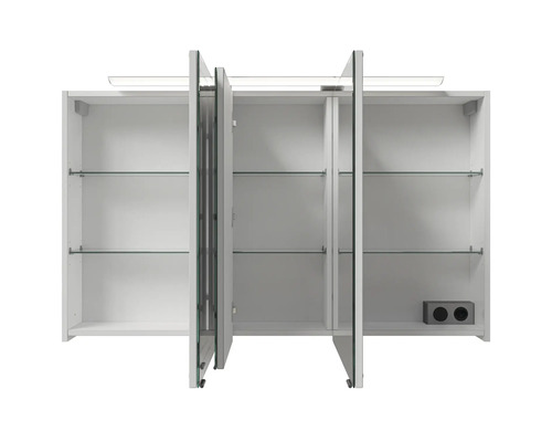 Armoire de toilette blanche à trois portes avec éclairage intérieur et étagères en verre