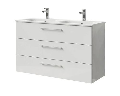Meuble sous-lavabo avec trois tiroirs, double vasque et deux robinets