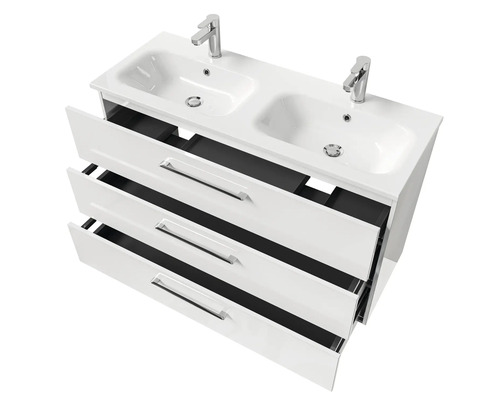 Meuble-lavabo avec deux vasques et meuble bas avec trois tiroirs