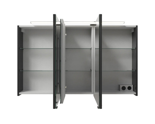Armoire de toilette ouverte avec étagères en verre et éclairage